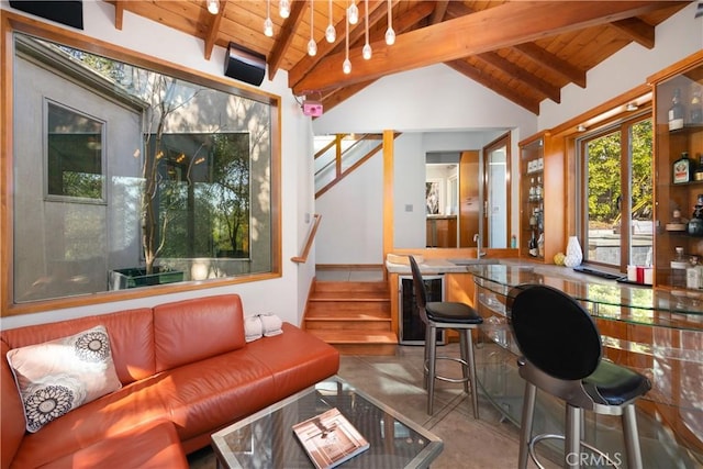 living room with wine cooler, wood ceiling, stairway, and lofted ceiling with beams