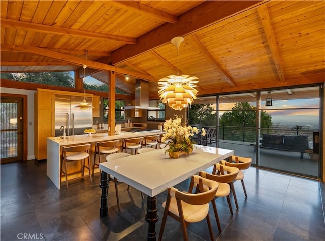 sunroom with vaulted ceiling with beams, a sink, a chandelier, and wood ceiling