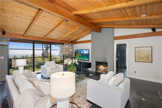 living area with a large fireplace, lofted ceiling with beams, wood ceiling, and baseboards