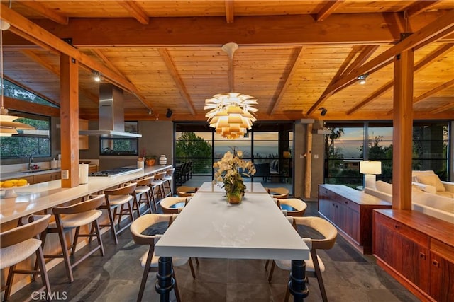 dining room with wood ceiling, a notable chandelier, and vaulted ceiling with beams