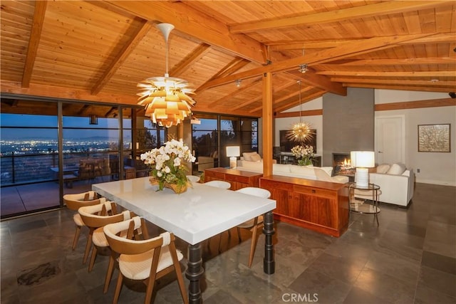 dining space with lofted ceiling with beams, wood ceiling, and an inviting chandelier