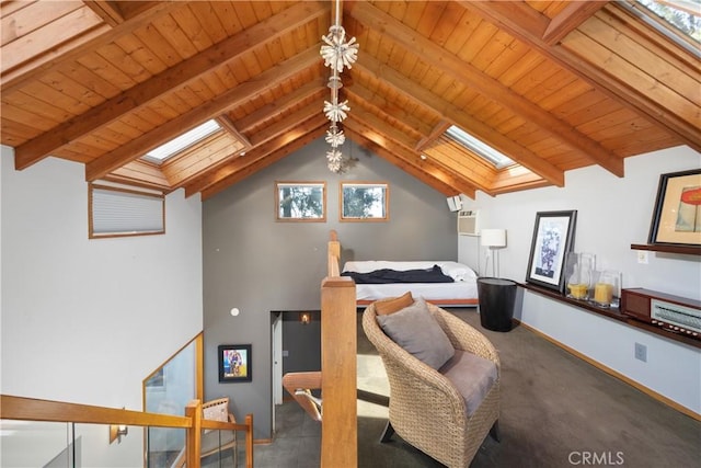 bedroom featuring carpet, lofted ceiling with skylight, and wooden ceiling