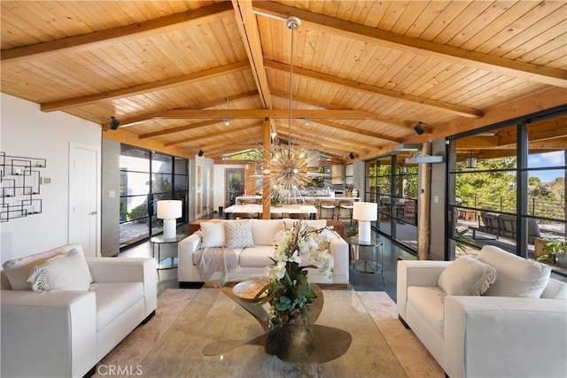 sunroom with a wealth of natural light, wood ceiling, a notable chandelier, and vaulted ceiling with beams