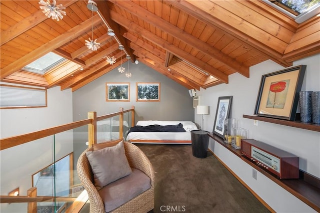 bedroom with wood ceiling, vaulted ceiling with skylight, carpet floors, and baseboards