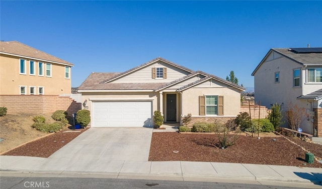 view of front of property with a garage, driveway, a tile roof, and fence