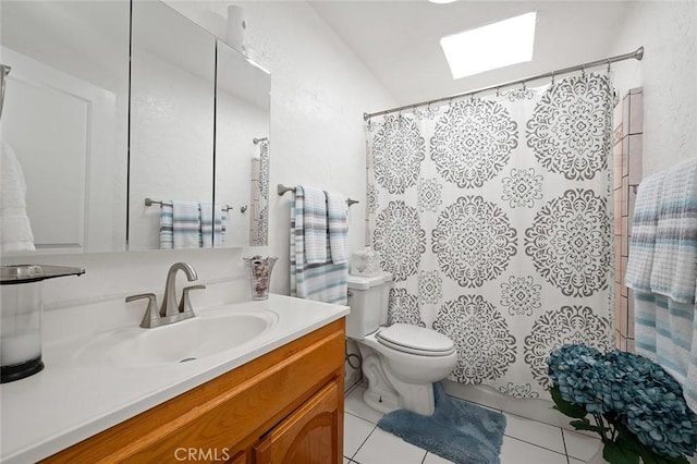 27447 Cypress St, Highland, CA 92346 - full bathroom with tile patterned flooring, vanity, toilet, and curtained shower