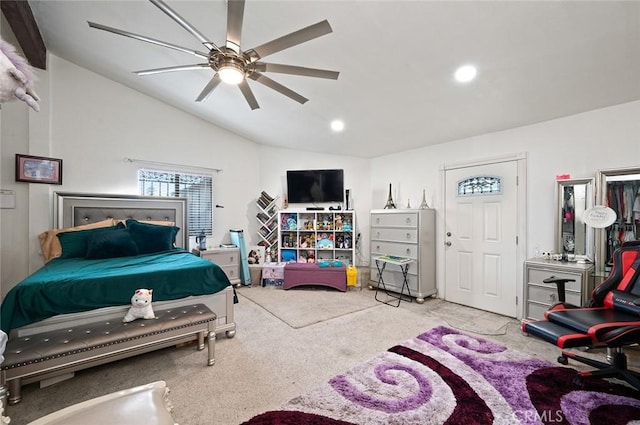 bedroom with lofted ceiling, carpet floors, a ceiling fan, and recessed lighting