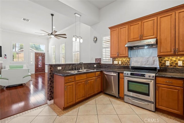 kitchen featuring under cabinet range hood, appliances with stainless steel finishes, brown cabinetry, and a sink