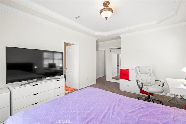 carpeted bedroom with ornamental molding, visible vents, and baseboards