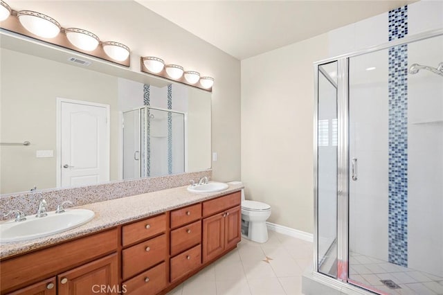 full bath featuring a stall shower, visible vents, a sink, and double vanity