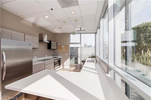 kitchen with modern cabinets, appliances with stainless steel finishes, light countertops, wall chimney range hood, and a sink