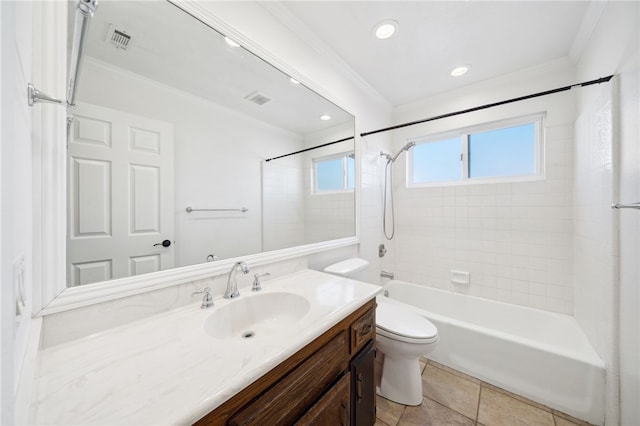 full bath with crown molding, visible vents, toilet, vanity, and shower / tub combination