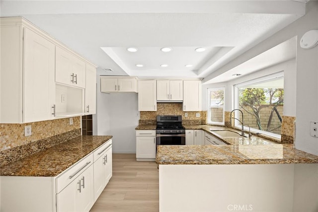 kitchen with a sink, a tray ceiling, dark stone countertops, and stainless steel range with gas cooktop