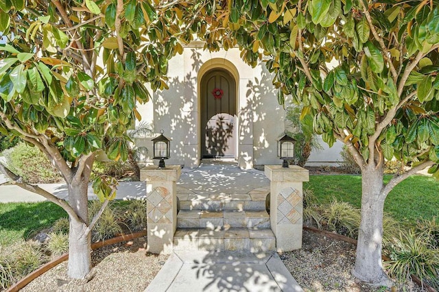 doorway to property featuring stucco siding