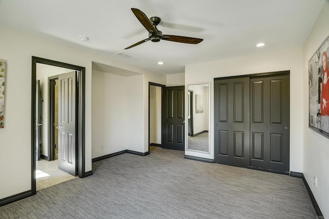 unfurnished bedroom featuring carpet flooring, recessed lighting, baseboards, and visible vents