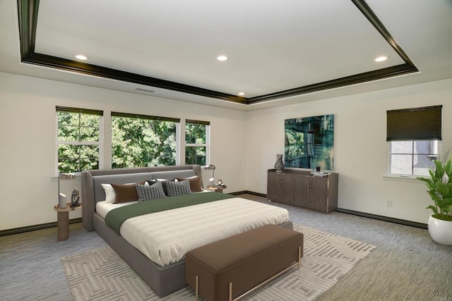 carpeted bedroom with baseboards and a raised ceiling