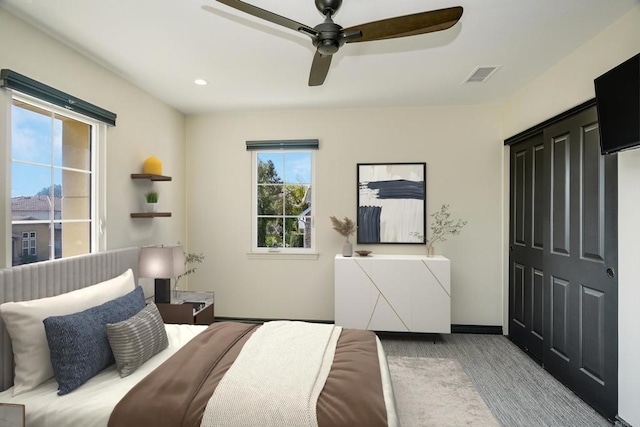 bedroom with recessed lighting, a ceiling fan, visible vents, and baseboards