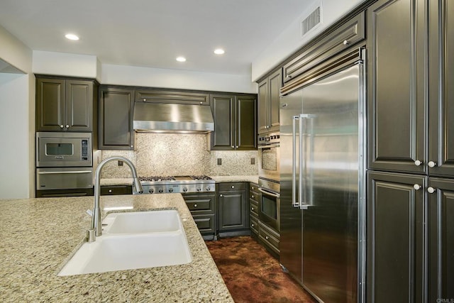 kitchen featuring backsplash, wall chimney range hood, built in appliances, a warming drawer, and a sink