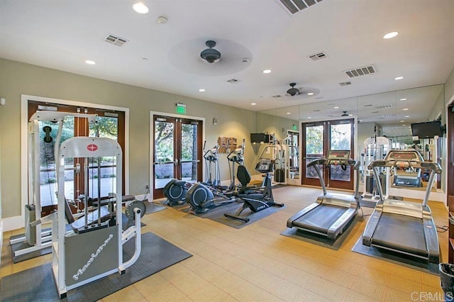 3518 Camino Cereza, Carlsbad, CA 92009 - gym with french doors, recessed lighting, and a ceiling fan