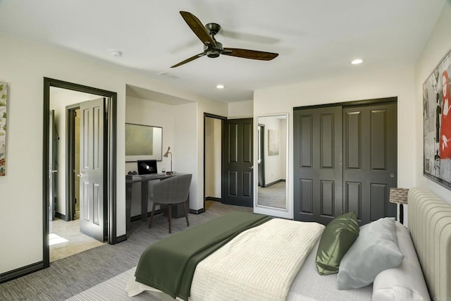 3518 Camino Cereza, Carlsbad, CA 92009 - bedroom with carpet, two closets, recessed lighting, baseboards, and ceiling fan