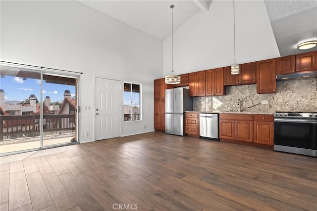 kitchen featuring appliances with stainless steel finishes, tasteful backsplash, under cabinet range hood, and dark wood-style floors