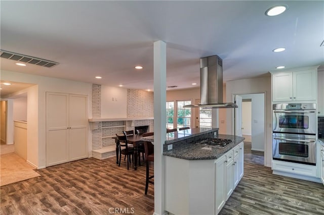 kitchen with visible vents, island range hood, stainless steel appliances, and dark wood finished floors