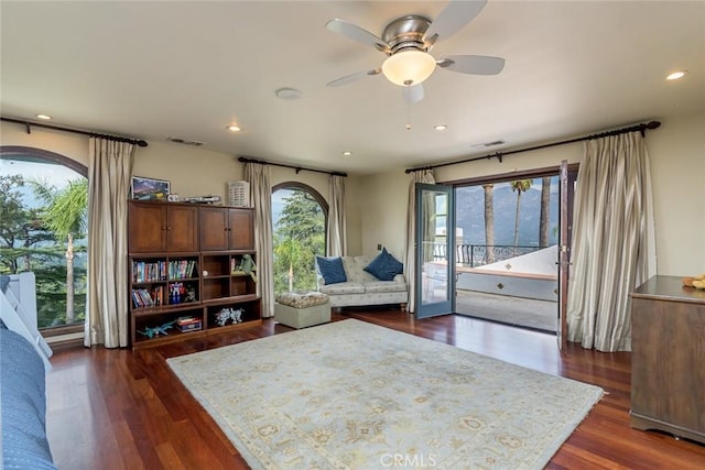 420 Inverness Dr, La Canada Flintridge, CA 91011 - sitting room with visible vents, recessed lighting, dark wood finished floors, and ceiling fan