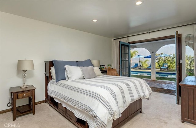 420 Inverness Dr, La Canada Flintridge, CA 91011 - bedroom featuring baseboards, access to exterior, recessed lighting, and light colored carpet