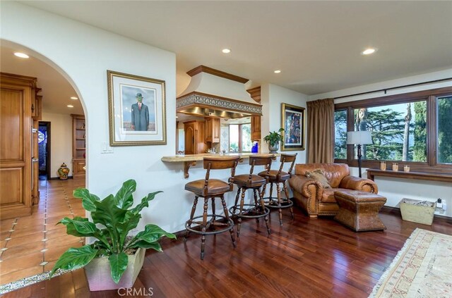 420 Inverness Dr, La Canada Flintridge, CA 91011 - bar featuring arched walkways, recessed lighting, and wood finished floors