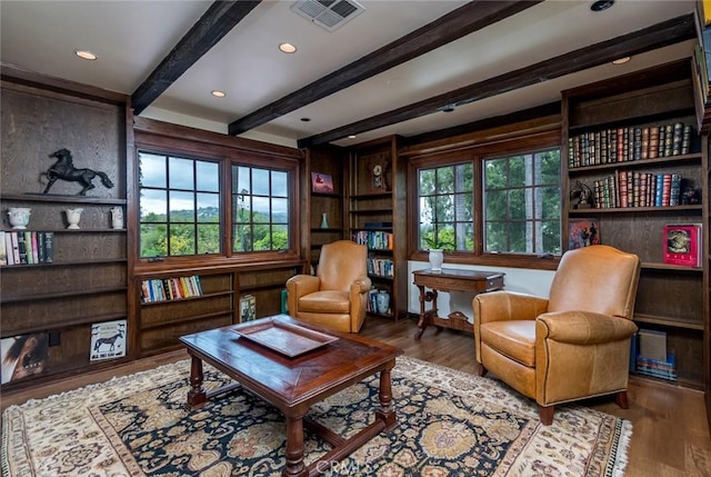 420 Inverness Dr, La Canada Flintridge, CA 91011 - sitting room featuring beamed ceiling, recessed lighting, wood finished floors, and visible vents