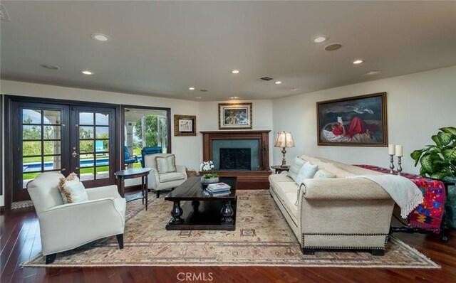 420 Inverness Dr, La Canada Flintridge, CA 91011 - living room with french doors, recessed lighting, a fireplace, and hardwood / wood-style floors