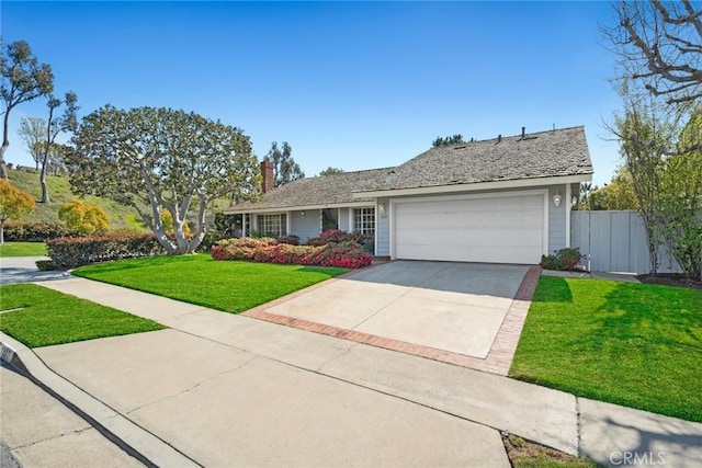 ranch-style home featuring a front yard, fence, an attached garage, a chimney, and concrete driveway