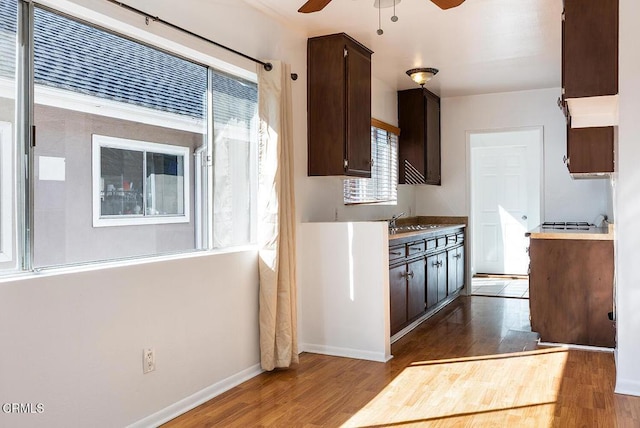 kitchen featuring ceiling fan, a sink, baseboards, dark brown cabinets, and dark wood-style floors