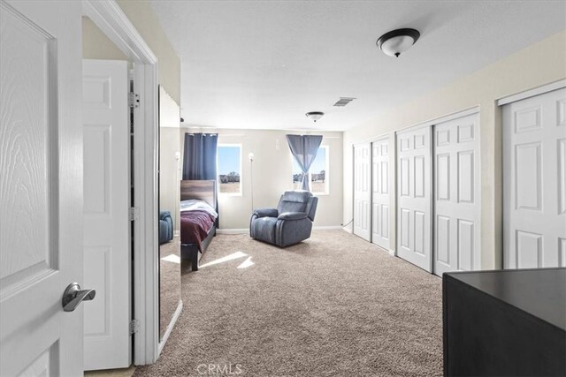 bedroom with visible vents, two closets, carpet flooring, and baseboards