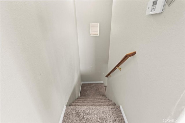 staircase with baseboards and carpet floors