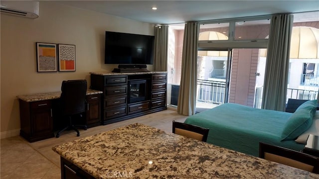 bedroom featuring light tile patterned floors, baseboards, a wall mounted air conditioner, access to outside, and recessed lighting