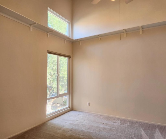 carpeted spare room with ceiling fan and a high ceiling