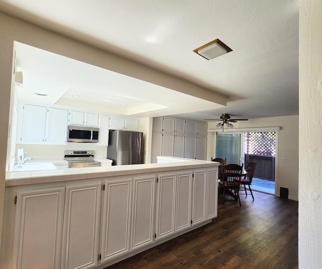 kitchen with dark wood finished floors, a ceiling fan, tile countertops, a tray ceiling, and stainless steel appliances