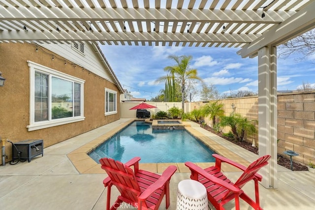 view of swimming pool with a patio area, a fenced backyard, a pool with connected hot tub, and a pergola