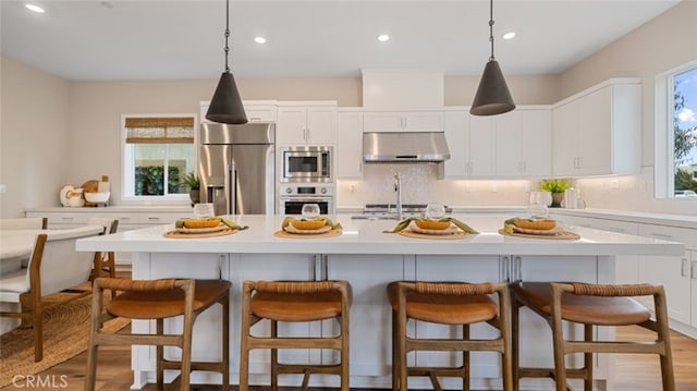 kitchen featuring stainless steel appliances, a wealth of natural light, under cabinet range hood, and tasteful backsplash