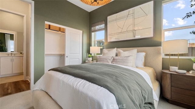 bedroom with a sink, a closet, and wood finished floors