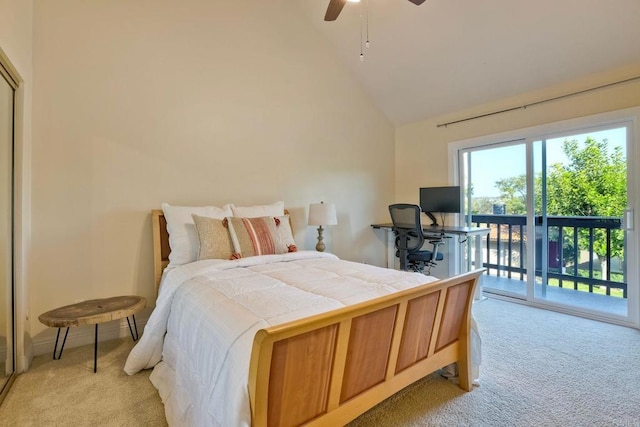 bedroom featuring access to exterior, lofted ceiling, light carpet, and ceiling fan