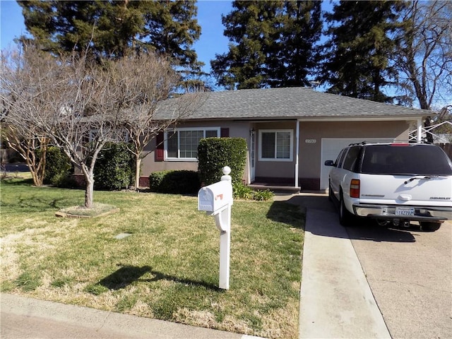 single story home with a garage, a shingled roof, driveway, stucco siding, and a front lawn