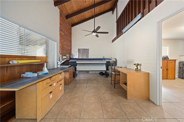 interior space with beam ceiling, light tile patterned floors, wood ceiling, ceiling fan, and high vaulted ceiling