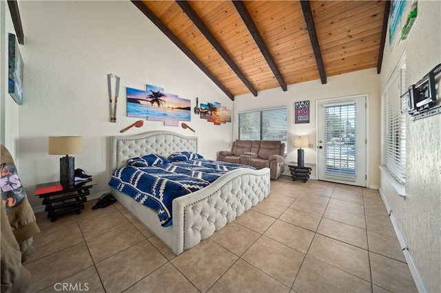 bedroom with access to outside, wood ceiling, tile patterned flooring, and beamed ceiling