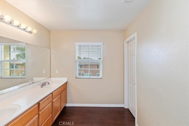 full bathroom with a healthy amount of sunlight, double vanity, baseboards, and wood finished floors