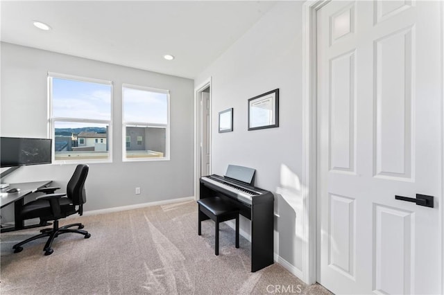 office area with carpet, baseboards, and recessed lighting