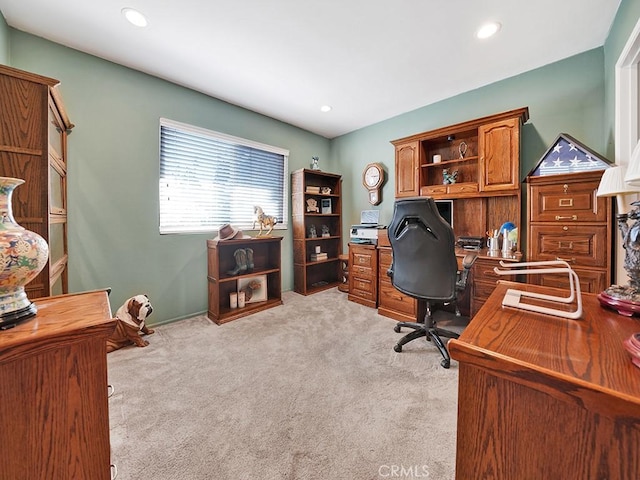 office area with recessed lighting and light colored carpet