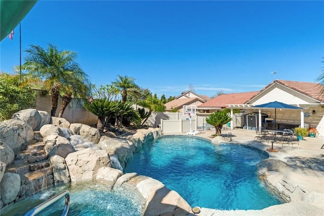 view of pool featuring a fenced backyard, a fenced in pool, a pergola, and a patio