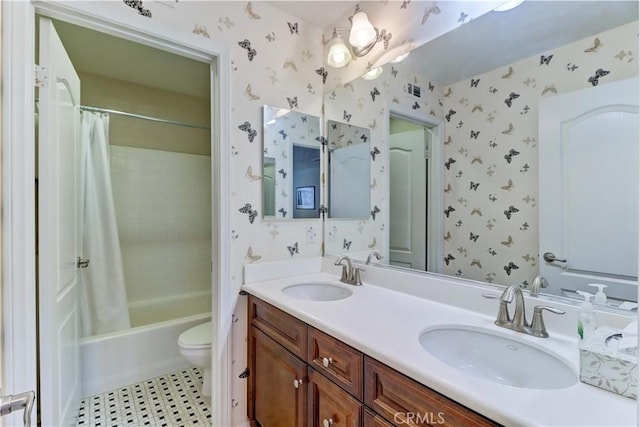 bathroom featuring double vanity, a sink, shower / bathtub combination with curtain, and wallpapered walls